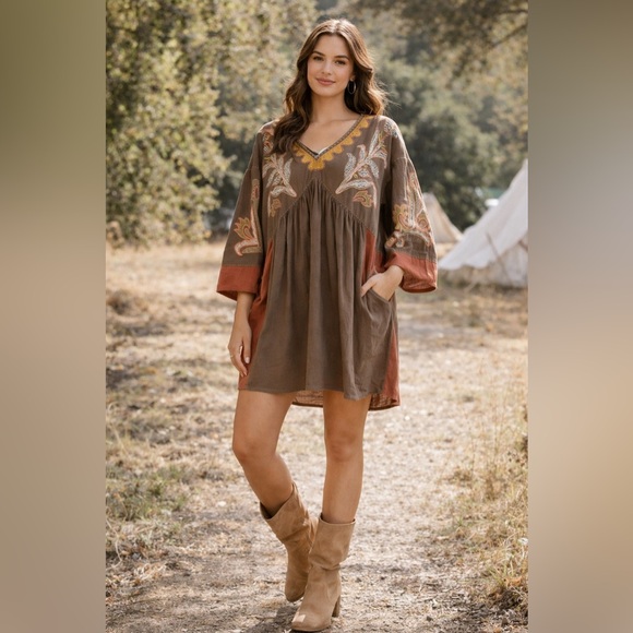 Easel Los Angeles Dresses & Skirts - Easel Los Angeles Embroidered Boho Tunic Dress Mocha Brown Festival NWT S